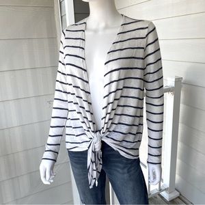 VELVET BY GRAHAM & SPENCER Navy Blue and White Striped Open Front Tie Cardigan